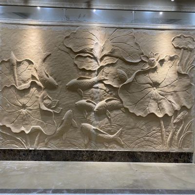酒店室內(nèi)裝飾黃銹巖浮雕荷花鯉魚(yú)壁畫影壁