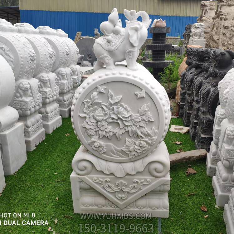 漢白玉浮雕小象抱鼓石庭院門(mén)口擺放招財(cái)門(mén)墩雕塑