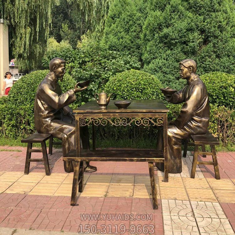 大碗茶，玻璃鋼仿銅民俗生活人物情景雕塑