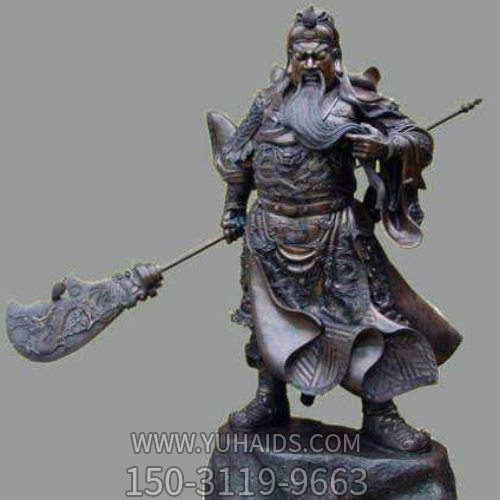 古銅關(guān)公像，右手持刀左手捻須站立的關(guān)于銅雕像雕塑