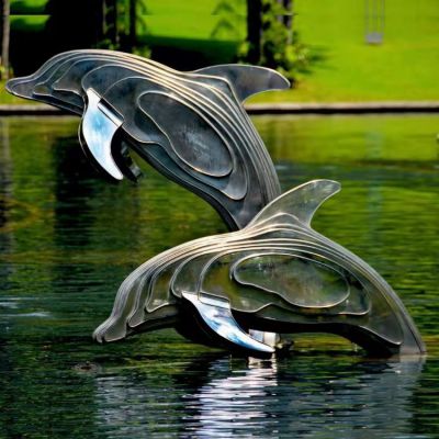不銹鋼海豚雕塑，池塘水景抽象海豚景觀動物雕塑