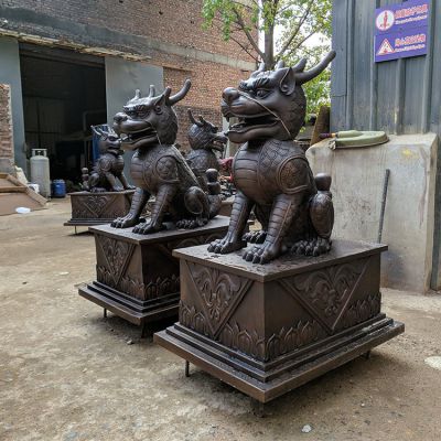 銅麒麟，黃銅鑄造麒麟銅雕一對(duì)