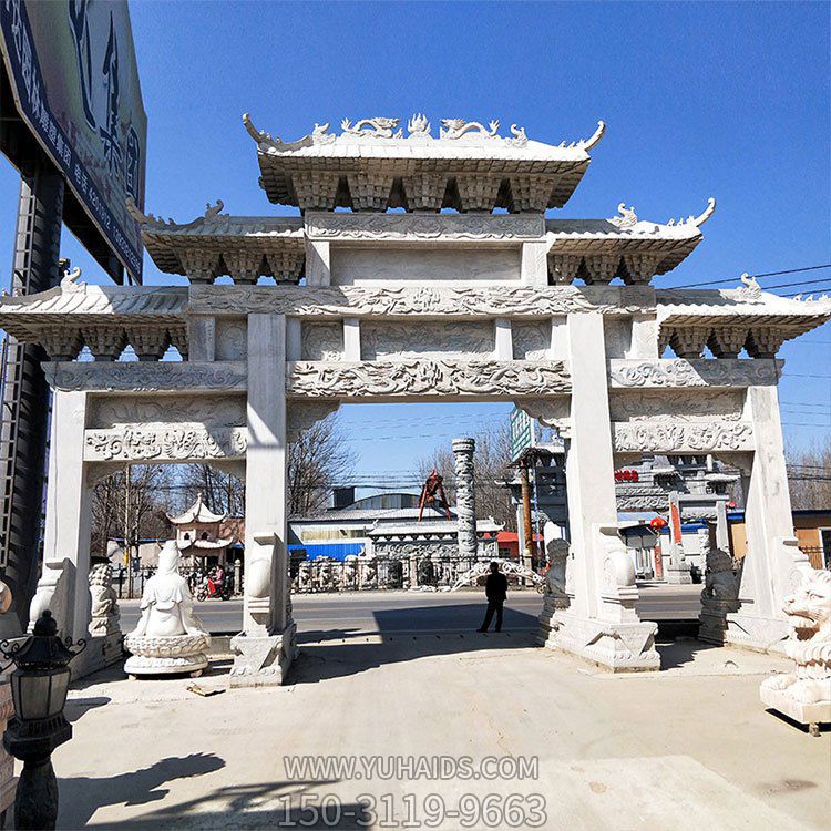 石雕牌坊，大型三間四柱漢白玉石雕牌樓雕塑