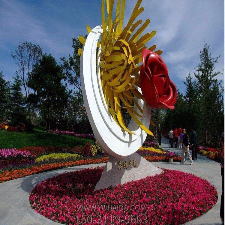 姊妹并艷，不銹鋼創(chuàng)意玫瑰花、菊花景觀雕塑