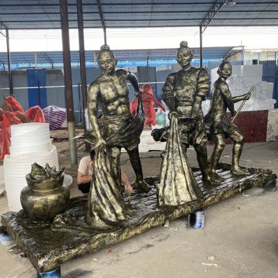 捕魚，玻璃鋼仿銅民俗生活人物情景雕塑