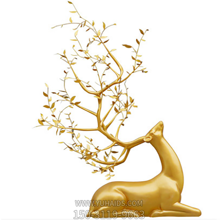 臥姿抬頭梅花鹿，樹葉修飾創(chuàng)意鹿雕塑