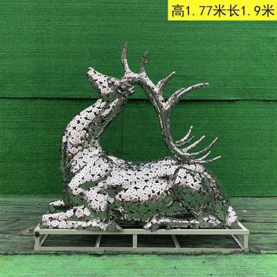 不銹鋼梅花鹿，鏡面鏤花鹿雕塑