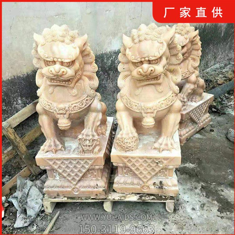 晚霞紅石獅子，大理石石雕看門獅子雕塑