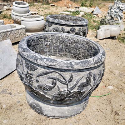 青石魚缸，鯉魚荷花刻紋仿古水缸
