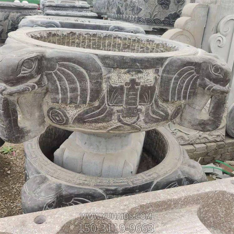 戶外庭院仿古石雕魚(yú)缸老石槽擺件 雕塑
