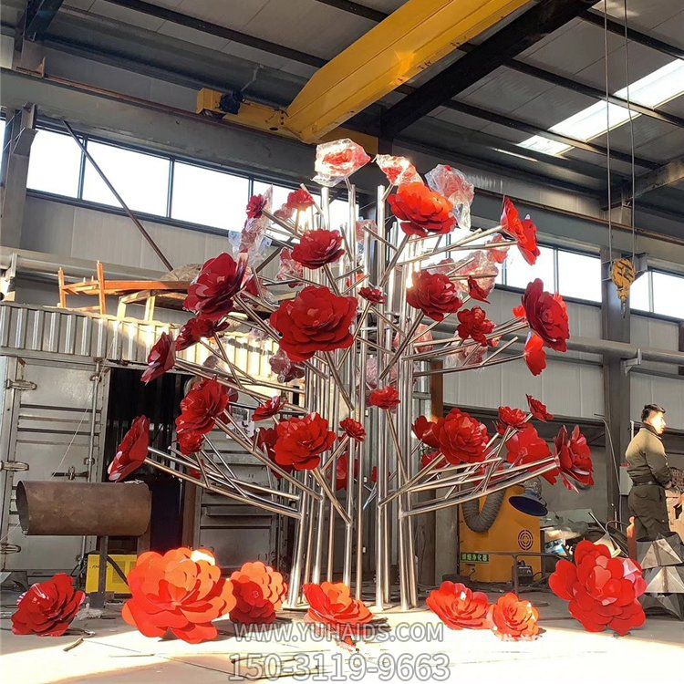 不銹鋼玫瑰花樹(shù)，抽象植物景觀雕塑