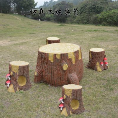游樂(lè)場(chǎng)戶外擺放玻璃鋼仿真樹木圓形桌椅