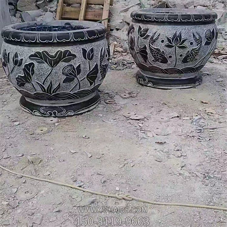 鯉魚(yú)，荷花，荷葉紋飾石雕水缸雕塑
