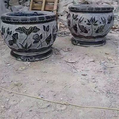鯉魚，荷花，荷葉紋飾石雕水缸
