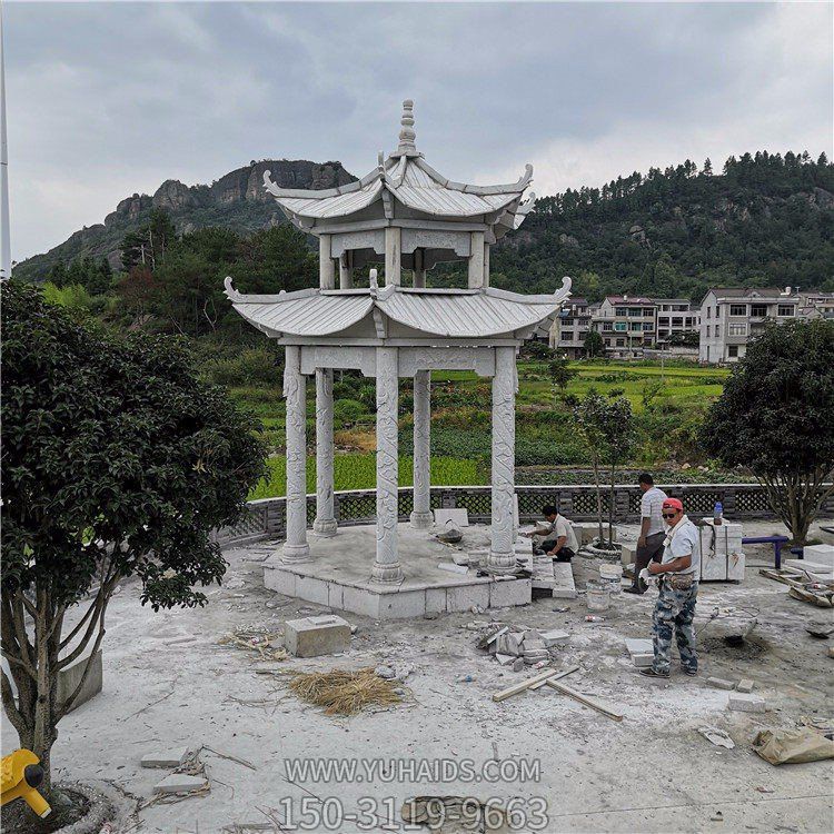石雕涼亭，雙層六柱石亭子雕塑
