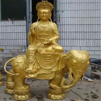 黃銅噴漆佛像景觀，文殊普賢騎大象雕塑