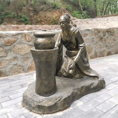 煎藥古代人物，中醫(yī)文化熬制中藥玻璃鋼仿銅情景雕塑