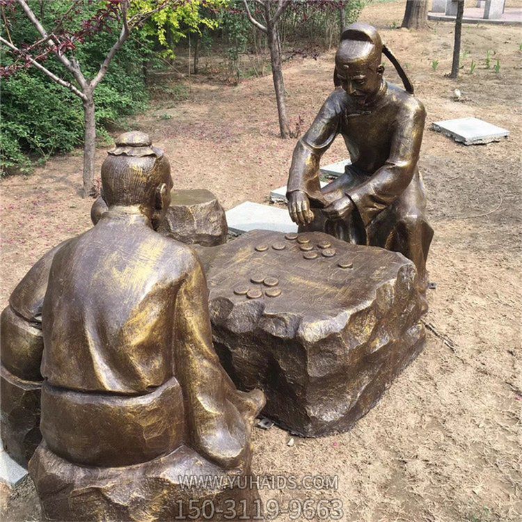 下棋，古代人物玻璃鋼仿銅場景雕塑