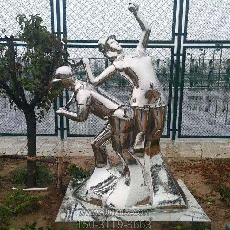 打網(wǎng)球，不銹鋼鏡面抽象體育運動人物景觀雕塑