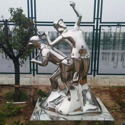 打網球，不銹鋼鏡面抽象體育運動人物景觀雕塑