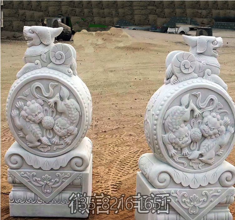 招財(cái)進(jìn)寶漢白玉貔貅抱鼓石門(mén)墩