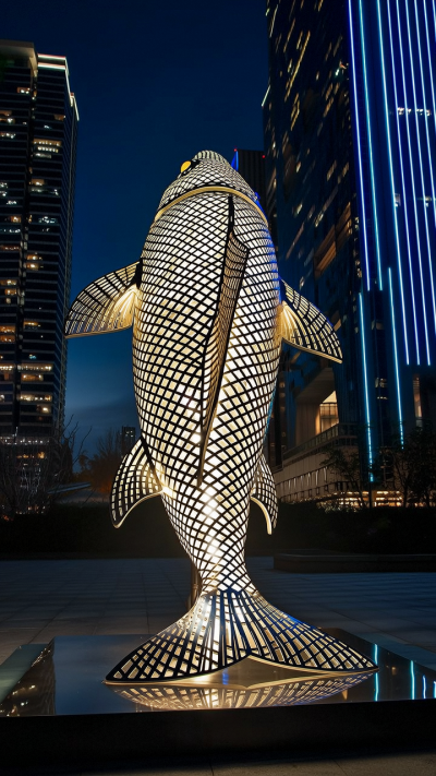 鏤空發(fā)光不銹鋼鯉魚(yú)雕塑